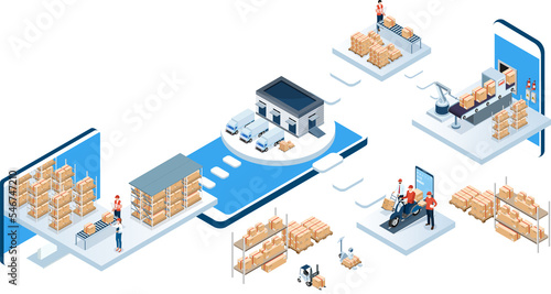 3D isometric logistics Warehouse Work Process Concept with Transportation operation service, Export, Import, Cargo, Forklif, Delivery Truck. Clipart Transparent PNG