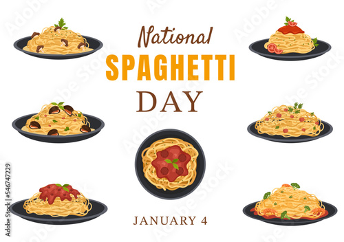 National Spaghetti Day on 4th January with a Plate of Italian Noodles or Pasta Different Dishes in Flat Cartoon Hand Drawn Template Illustration
