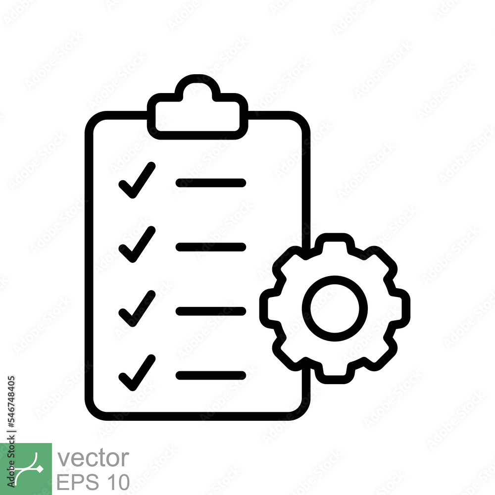 Clipboard with gear icon. Simple outline style. Project plan, document, compliant, task check list, cog, management concept. Thin line vector illustration isolated on white background. EPS 10. Clipboard with gear icon. Simple outline style. Project plan, document, compliant, task check list, cog, management concept. Thin line vector illustration isolated on white background. EPS 10.