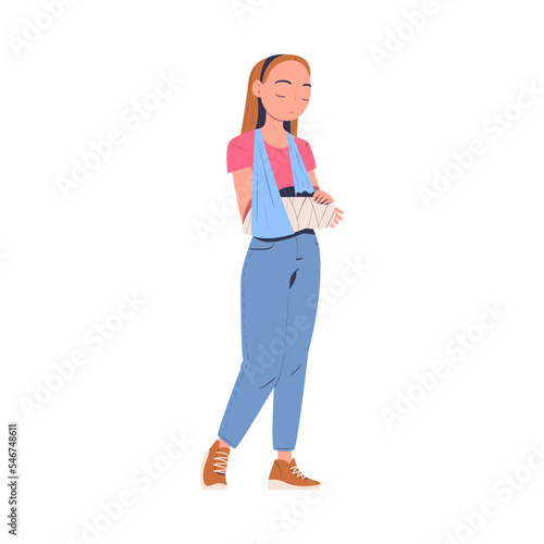 Young woman with broken arm. Girl feeling pain in body caused by injury cartoon vector illustration