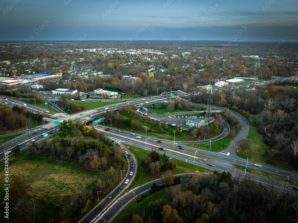 Fototapeta premium Aerial Drone Sunset in Bridgewater New Jersey