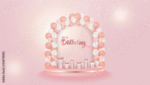 Pink and white birthday card with pink and white balloons, balloon arch, gift box