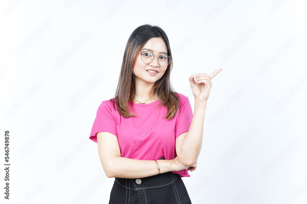 Showing Product and Pointing Side using forefinger Of Beautiful Asian Woman Isolated On White Showing Product and Pointing Side using forefinger Of Beautiful Asian Woman Isolated On White