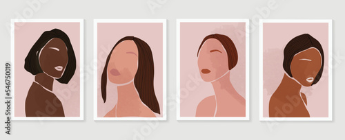 Contemporary woman portrait abstract art background vector. Surreal faces stylish girls in trendy hairstyle and pose. Design illustration for fashion wall art, wallpaper, decor, poster, print, cover.