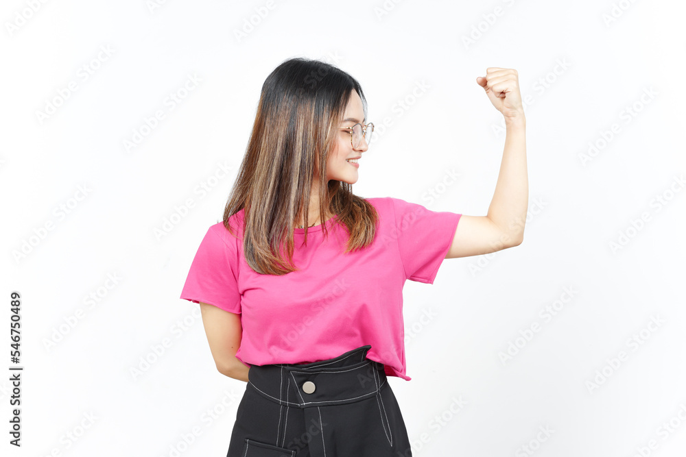Showing strength and rise arms Of Beautiful Asian Woman Isolated On White Background Showing strength and rise arms Of Beautiful Asian Woman Isolated On White Background