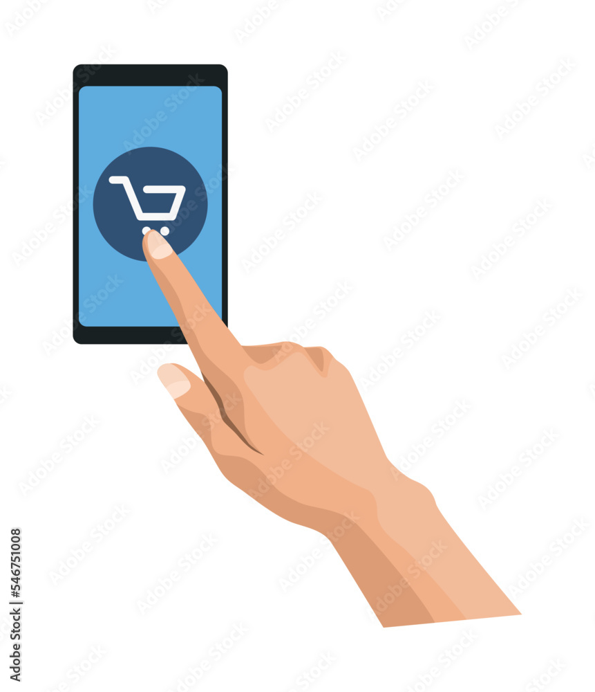 hand touching smartphone with ecommerce hand touching smartphone with ecommerce