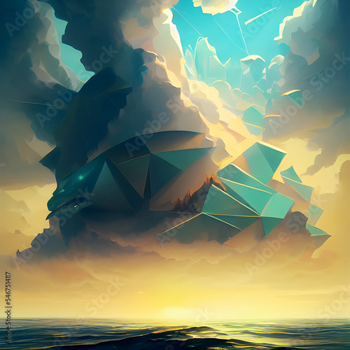 Sunset Cloudy Sky Over a Calm Ocean - Polygonal Fantasy Graphic Art

