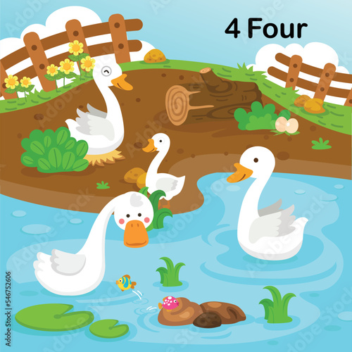 Flashcard number four with 4 goose learning for kid illustration vector © Jehsomwang
