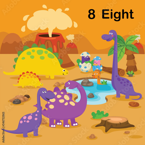 Flashcard number eight with 8 dinosaur learning for kid illustration vector