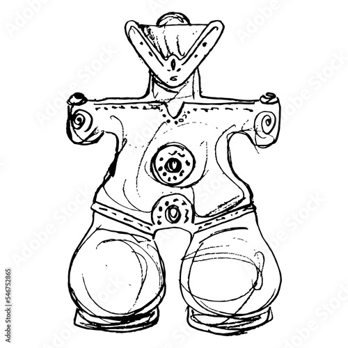 Ancient Japanese figurine of a goddess. Prehistoric female Dogū sculpture. Hand drawn linear doodle rough sketch. Black silhouette on white background.