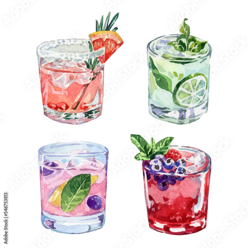 Watercolor colorful summer cocktails collection