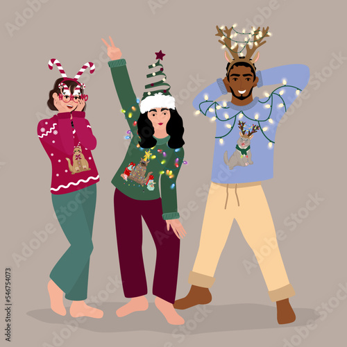 Happy friends in Christmas ugly sweaters party