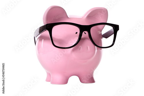 Piggybank wearing glasses college fund saving concept isolated transparent background photo PNG file