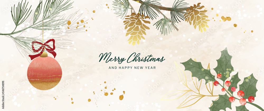 Christmas and watercolor winter botanical leaves background vector