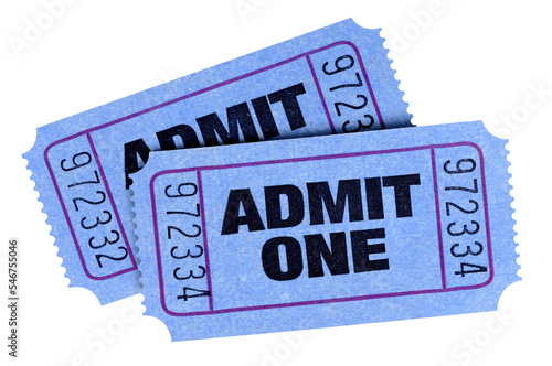 Two blue admit one movie tickets isolated cut out transparent background photo PNG file photo