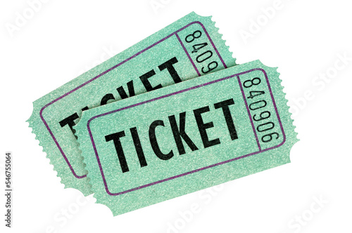 Two old green tickets stub movie or concert isolated transparent background photo PNG file