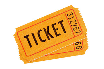 Pair of old orange tickets two movie cinema isolated transparent background photo PNG file