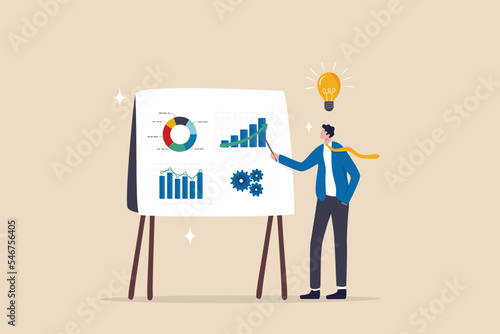 Sales pitch or presentation for business idea and opportunity, presenting proposal or plan to client or prospect, convince or selling concept, confidence businessman present sales pitch on whiteboard. photo