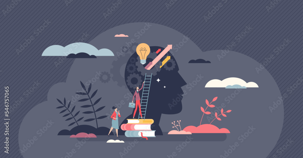 Education and mental skill development with knowledge growth tiny person concept. Career improvement and leadership boost with book reading, coaching and mind training challenge vector illustration. - obrazy, fototapety, plakaty 