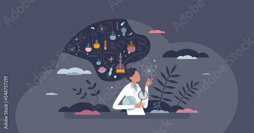 Woman scientist and female chemist or physics doctor tiny person concept. Professional education with smart knowledge career vector illustration. Academic teacher with physics or chemistry laboratory.