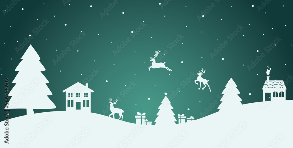 Merry Christmas, Santa Claus Driving Sleigh, Snow Forest. pines in winter and mountain paper vector illustration