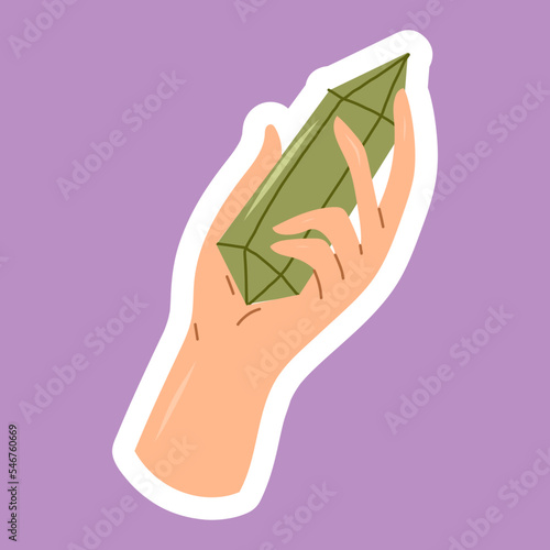Hand Holding Green Stone Cryslal Quartz sticker. 