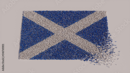 Aerial view of a Crowd of People, congregating to form the Flag of Scotland. Scottish Banner on White Background. photo