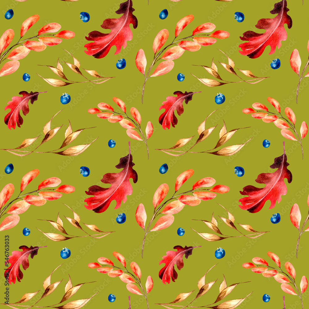 Bright autumn red leaves and spikelet watercolor seamless pattern on green.