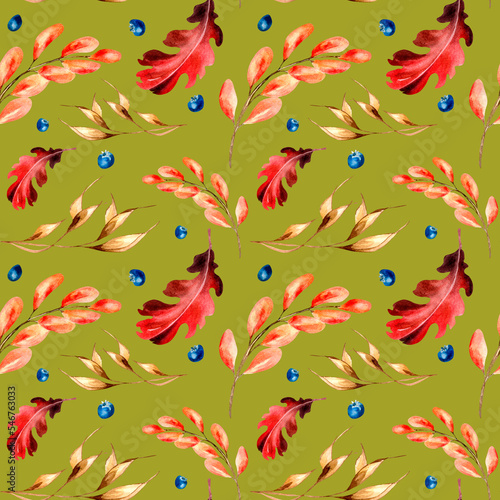 Bright autumn red leaves and spikelet watercolor seamless pattern on green.