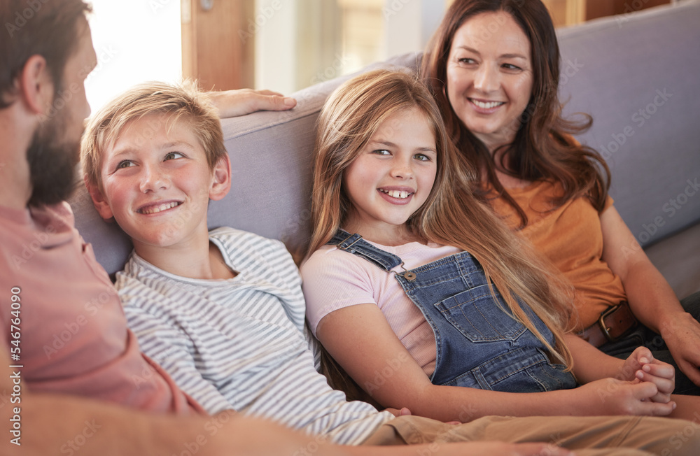 Relax, happy and smile with family on sofa for quality time, bonding and affectionate together. Weekend, rest and happiness with parents and children in living room at home for care, joy and content Relax, happy and smile with family on sofa for quality time, bonding and affectionate together. Weekend, rest and happiness with parents and children in living room at home for care, joy and content