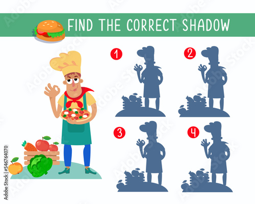 Find correct shadow. Cute pizzaiolo chef with pizza in cartoon style. Puzzle game for children. Activity, vector illustration.