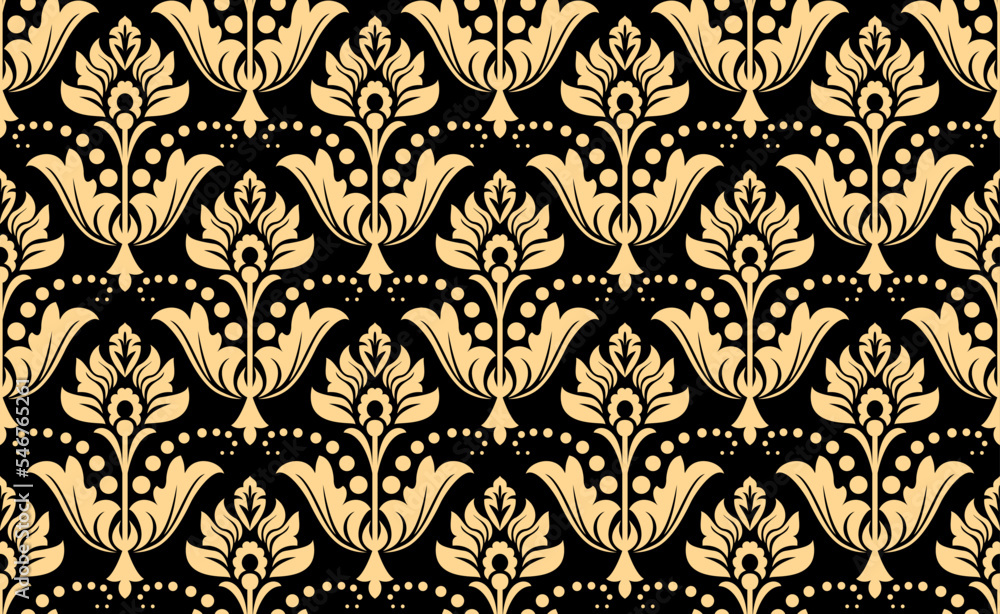 Fototapeta premium Wallpaper in the style of Baroque. Seamless vector background. Gold and black floral ornament. Graphic pattern for fabric, wallpaper, packaging. Ornate Damask flower ornament