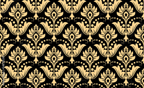 Wallpaper in the style of Baroque. Seamless vector background. Gold and black floral ornament. Graphic pattern for fabric, wallpaper, packaging. Ornate Damask flower ornament