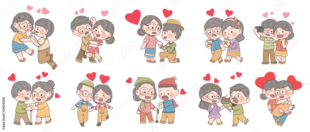 set of older couple character illustration, grandparents' day set of older couple character illustration, grandparents' day