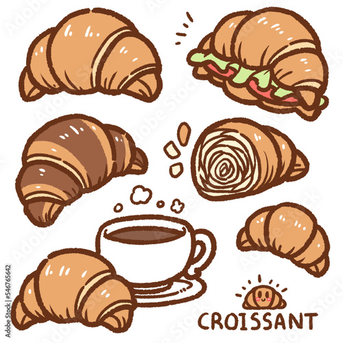 croissant cartoon drawing set