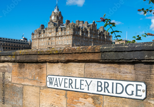 Waverley bridge road sign and Balmoral Hotel beyond,Edinburgh,Scotland. photo