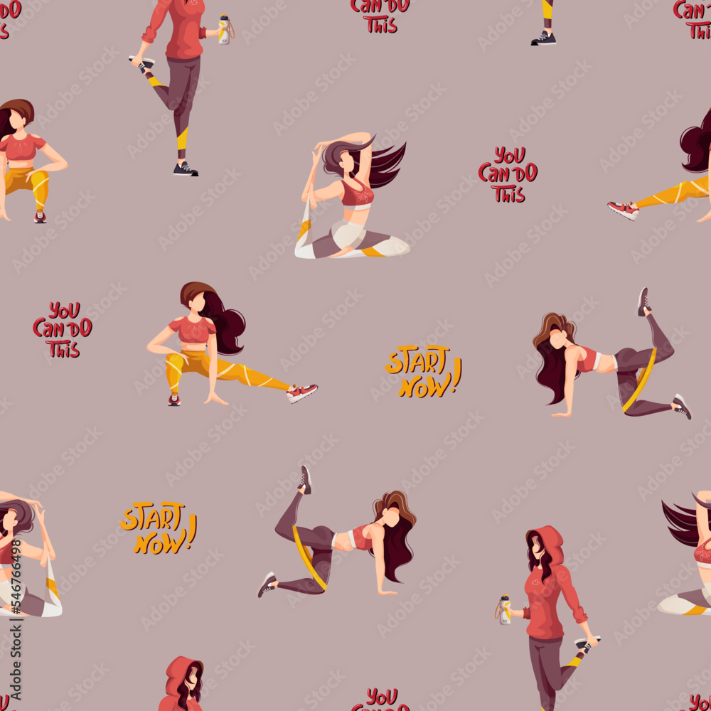 Seamless pattern with woman doing fitness training. Sport, Workout, Healthy lifestyle, Gym, Fitness, yoga concept. Perfect for product design, wallpaper, scrapbooking, textile.