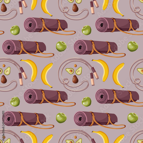 Seamless pattern with skipping rope, yoga mat, avocado. Sport, fitness, training, workout concept. Perfect for product design, wallpaper, scrapbooking, textile.