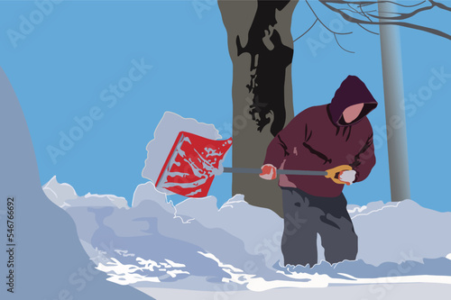 People dredging and clearing snow in winter wearing jacket and snow shovel