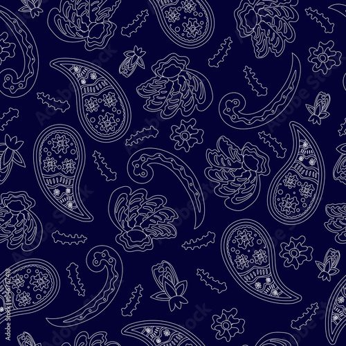 Seamless pattern based on an ornament with a Paisley bandana print, white outline on a dark blue background, scarf around the neck, print on fabric, wallpaper