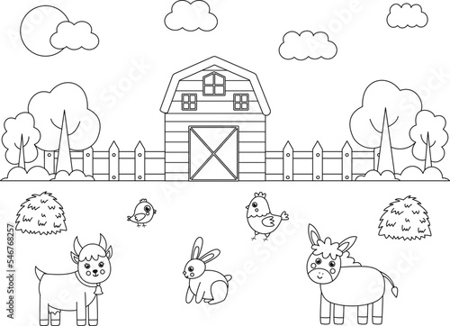 Color farm landscape with cute animals. Educational coloring page.