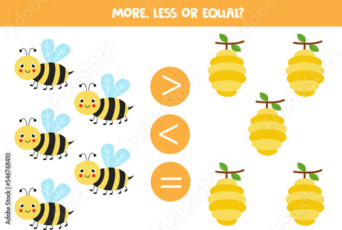 More, less or equal with cartoon bees and beehives.