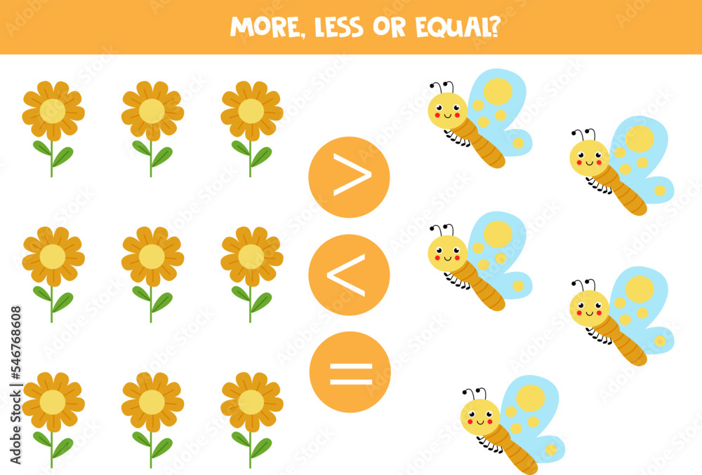 More, less or equal with cartoon butterflies and flowers.