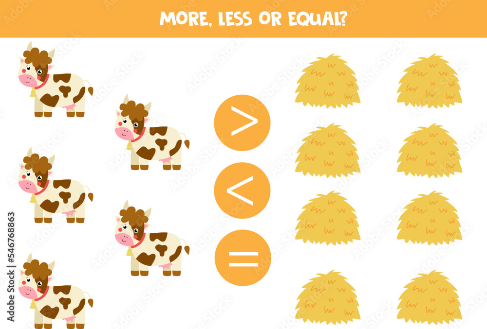 More, less or equal with cartoon cows and hays.