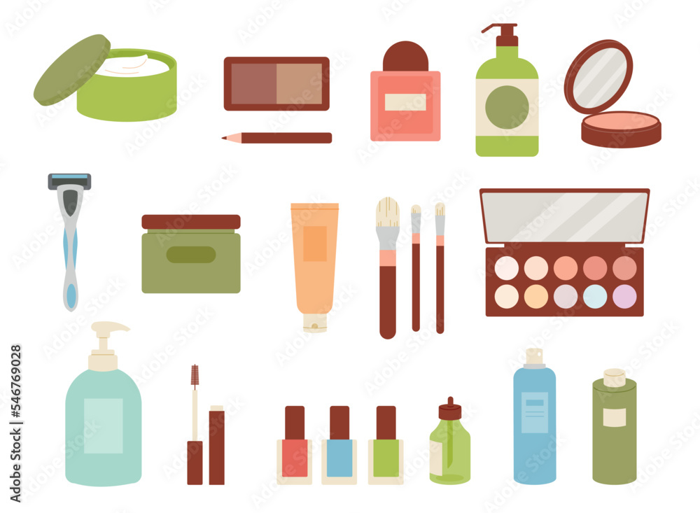 Fototapeta premium Collection of skincare and makeup products. flat vector illustration.