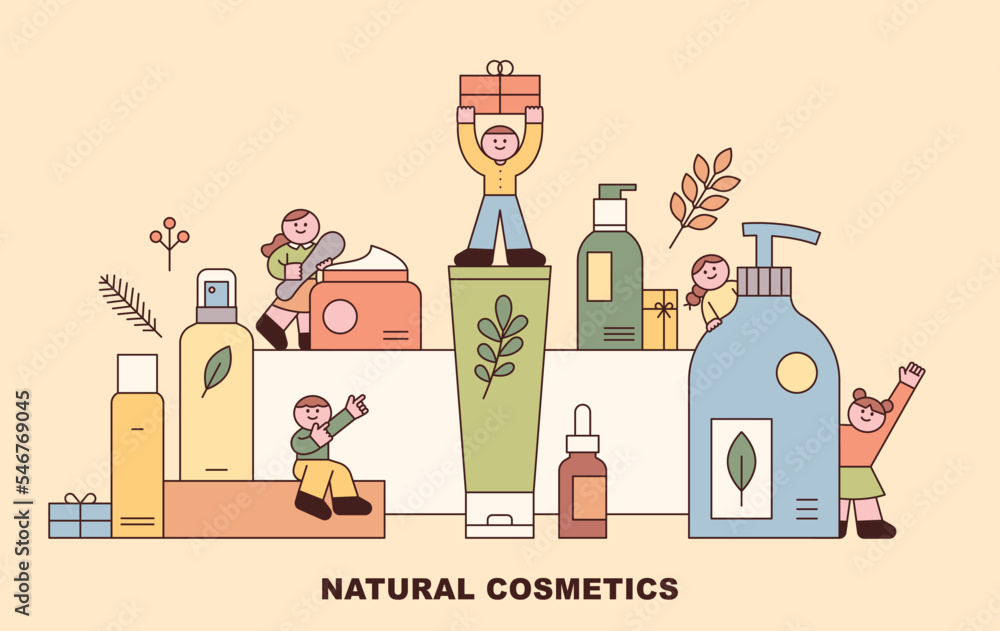 Various cosmetic products are composed of sets. Cute children are happily greeting among the giant products. Various cosmetic products are composed of sets. Cute children are happily greeting among the giant products.