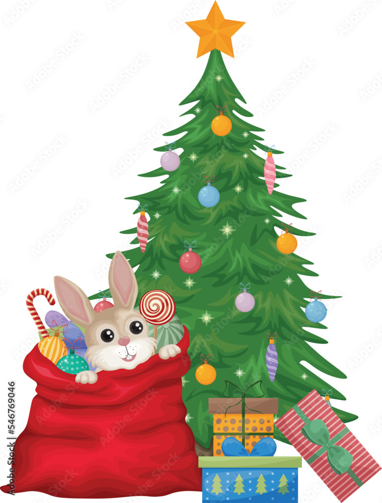 Christmas illustration. New Year s illustration with a large bag of gifts, in which a cute hare is sitting. The symbol of the new year near the Christmas tree. Vector illustration