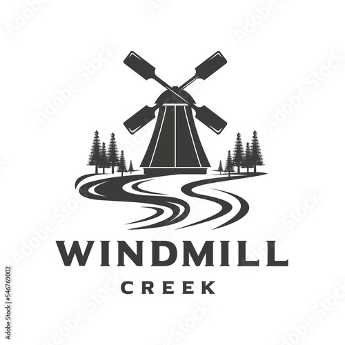 River and windmill design inspiration. Vintage farm logo template