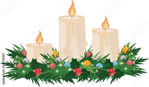 Christmas candles. Three white candles decorated with Christmas wreaths. Burning New Year candles. Christmas decorations. Vector illustration isolated on a white background