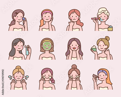 Cute female faces and various skin care methods. Information design in icon style with outline.